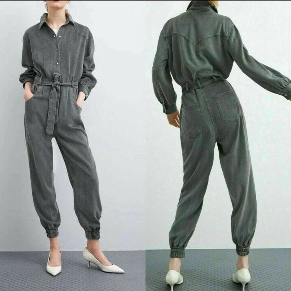 NWT Zara Grey Jumpsuit buttoned with waist tie and elastic hems, Small - Picture 6 of 14